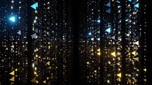 Awards corridor of sparkling cyan and golden triangular particles chains or magic garland vj loop