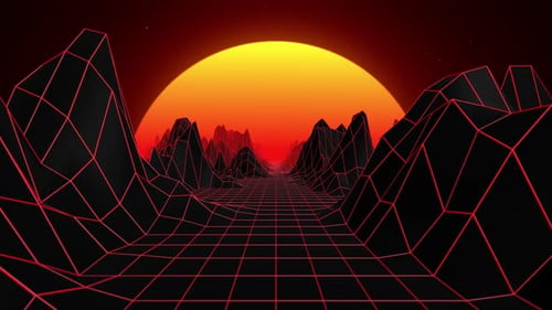 Seamless loop animation of synthwave landscape background with bright red grid