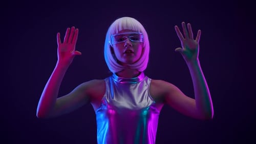 Woman with Futuristic Glasses Interacting with Technology