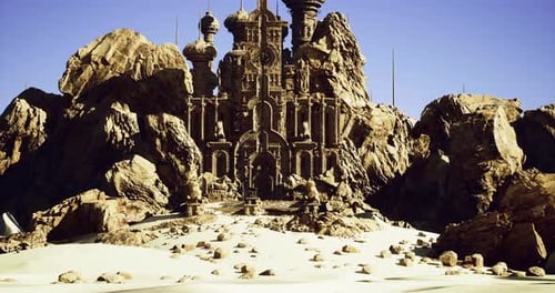 Mysterious Desert Castle Surrounded By Rugged Rocks Under Clear Blue Sky