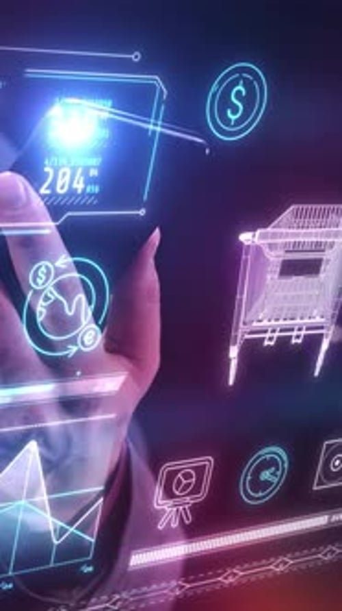 Futuristic Hand Interacting with Business Technology Holographic Interface