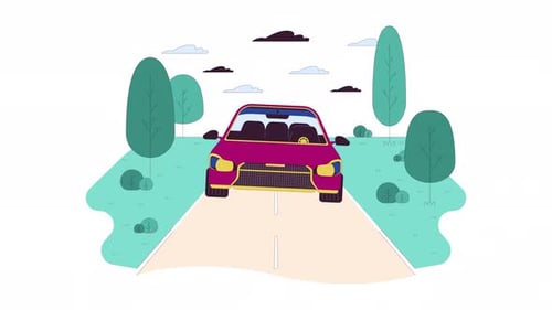 Car driving along rural road line cartoon animation