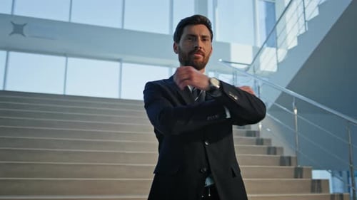 Successful Executive Standing Staircase Office Hall Closeup Smiling Businessman