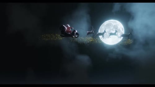Christmas Night: Santa Claus Sleigh with Reindeer Flying by the Moon