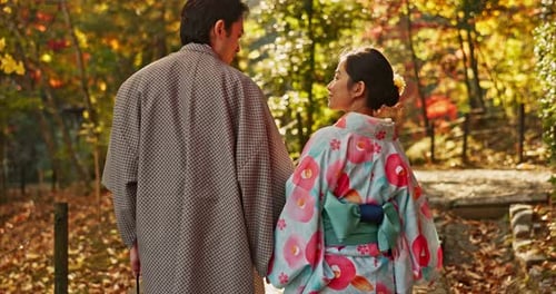 Man, woman and walking in forest with date in nature park, back of couple in traditional clothes