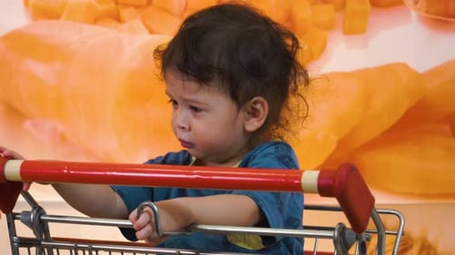 Boy playing with shopping cart alone waiting for parents inside food store shopping area grocer