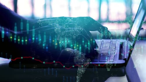 Hands typing on laptop with forex chart and map global business concept