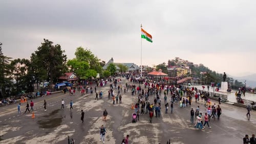 Busy Indian Town Square Crowd Flagpole Viewpoint Mountain Tourist Destination
