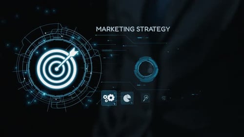 Concepto de estrategia de marketing futurista con elementos de segmentación, análisis y visualización de datos al alcance de la mano