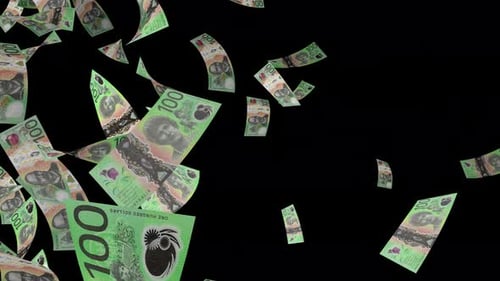 AUD paper money falling down. Money rain. Falling Australian dollar banknotes
