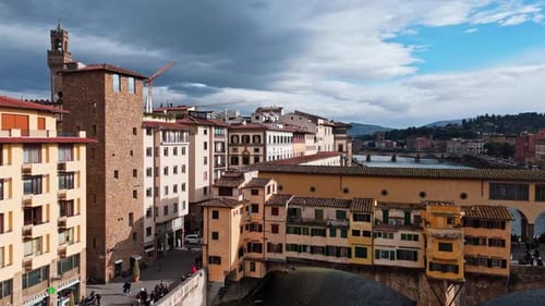 Aerial view of Ponte Vecchio bridge in Florence, Italy, with historic architecture