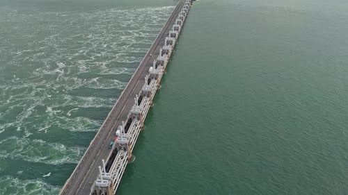 Drone panorama of Eastern Scheldt flood defense Delta Works, Netherlands