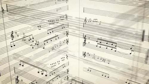Three-dimensional flight through digital tower of music notes against retro old paper background