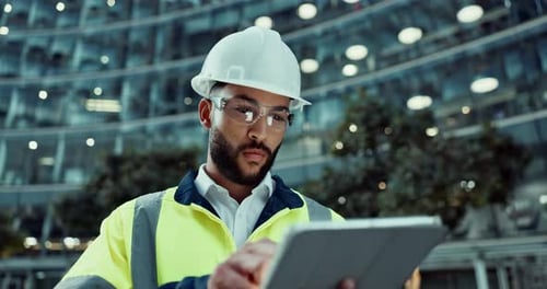 Progress, man or architect on tablet in city to research for engineering, building or construction