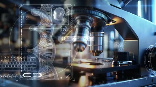 Futuristic DNA Strand Analysis with Microscope and HUD Interface