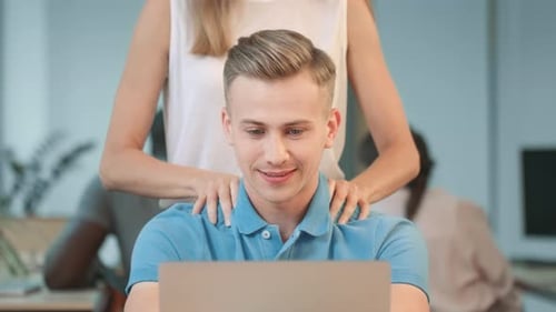 Female Hands Massaging Male Professional After Working Day in Office. Closeup Woman