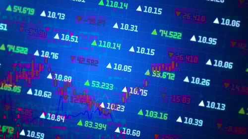 Stock Market Display with Green Red and Blue Stock Market Tickers and Graphs