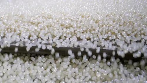 Close up: recycled plastic granules - polyethylene or propylene pellets on shale shaker, conveyor be