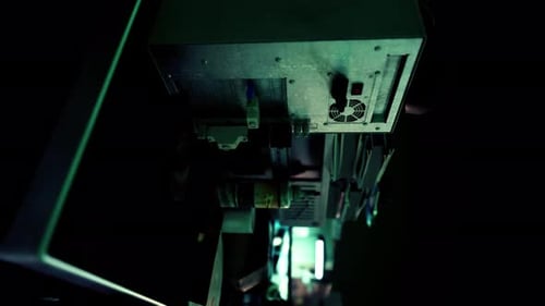 Close Up of Digital Computer Server Hardware in Dark Room