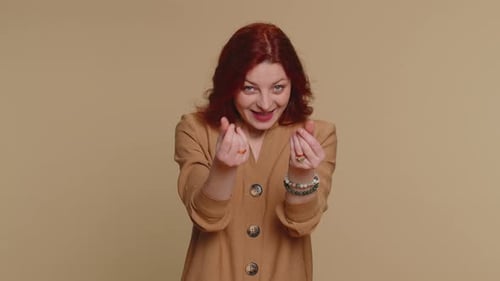 Woman Rubbing Fingers Show Cash Gesture Demands to Pay Back the Debt Take Loan Do Shopping Begging