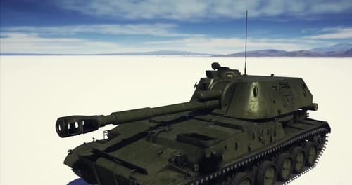 Military Tank Positioned on a Vast Snowy Landscape Under a Clear Blue Sky