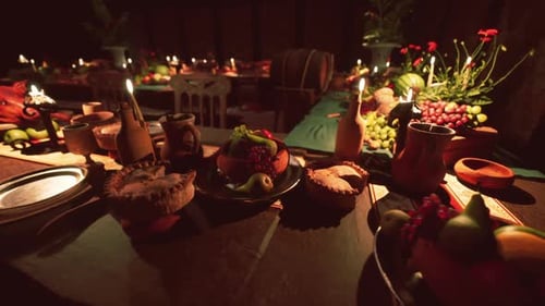 Candlelit Feast Table with Abundant Food and Rustic Setting