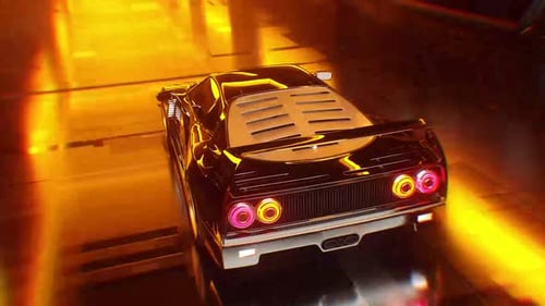 Dynamic retro sports car speeds through vibrant neon tunnel at night