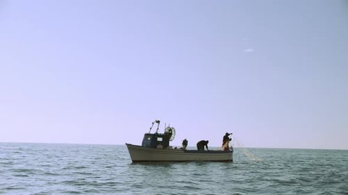 Two Professional Fishermen Cast Their Net While Sailing on Their Boat Across
