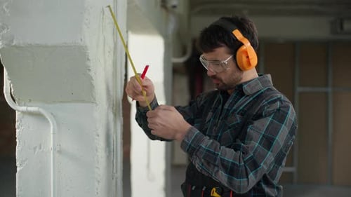Baumeister benutzt Maßstab, schreibt Zeichen auf der Wand, Baustelle, Kaukasischer Mann hält Messung