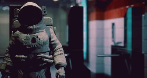 Astronaut Exploring Underground Tunnel with Retro Atmosphere and Dim Lighting