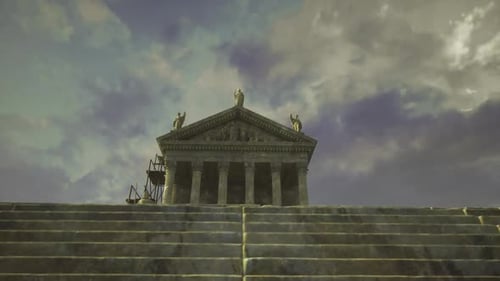 La façade d'un temple en pierre patinée sous un ciel nuageux suggère l'importance du patrimoine
