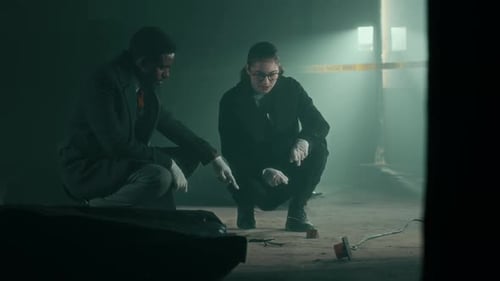 Detectives Examine Crime Scene Evidence in Smoky Room