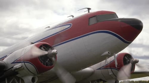 Retro Plane Ready Takeoff Propeller Radial Engine Start in Secondary Airport. Aircraft