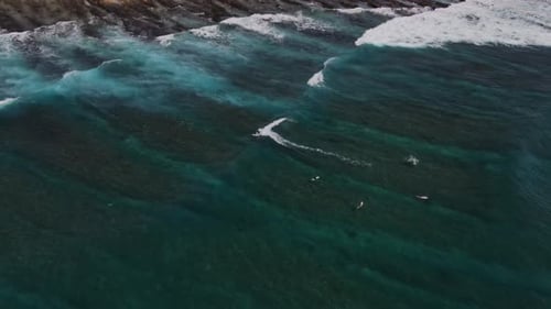 Aerial View of Surfers in the Ocean Near the Desert Island