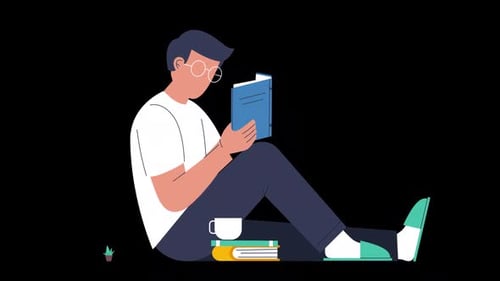 Animated Flat Design Man Studying with Books and Coffee