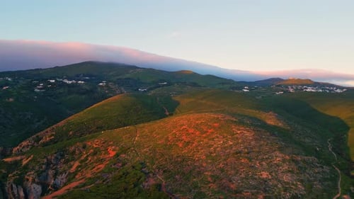 Beautiful Green Hills Cloudy Summer Day. Aerial View Mountain Slopes Covered Lush