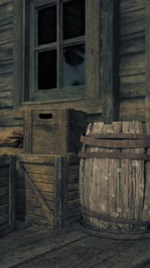 A Rustic Wooden Building with a Barrel in the Foreground