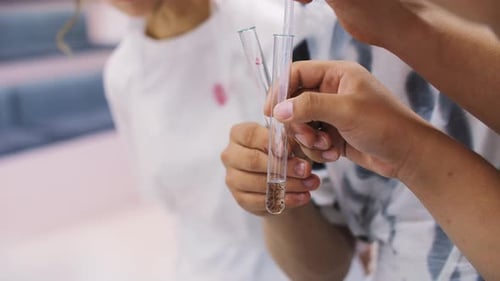 Tubos de ensayo de vidrio en manos de escolares en una lección de química