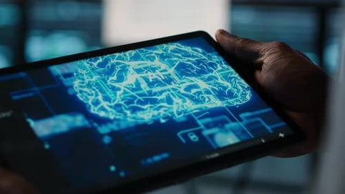 Close Up of Computer Scientist in Data Center Uses AI on Tablet