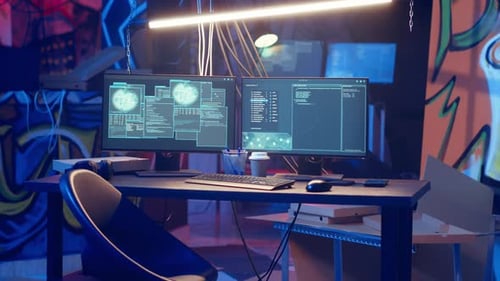 Computer Workstation with Two Monitors in Urban Setting