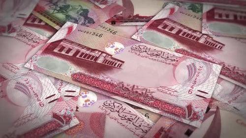 Pile of bahrain dinar cash money, inflation concept. Closeup new bahrain one dinar bills 4k