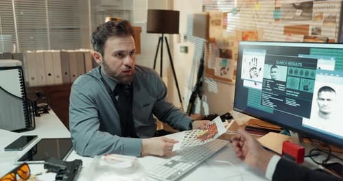 Station, police and men with document, investigation or review of legal report, talking or evidence