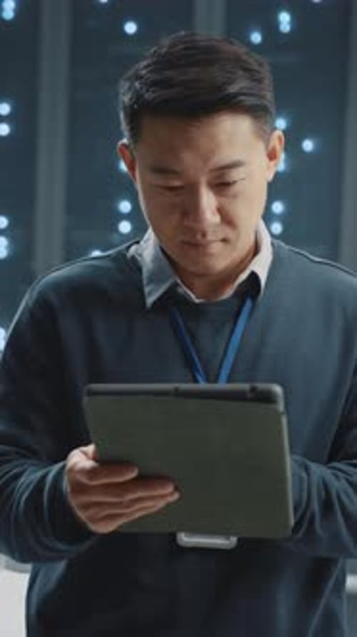 Portrait of Happy Asian IT Specialist Using Tablet Coworking in Successful Data Center Supercomputer