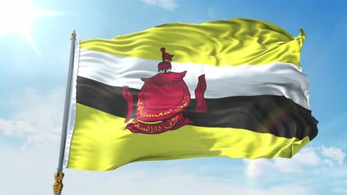 Brunei National Flag Waving in the Wind with Blue Sky Background