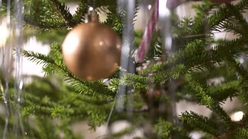 Hand decorating christmas tree, Close up
