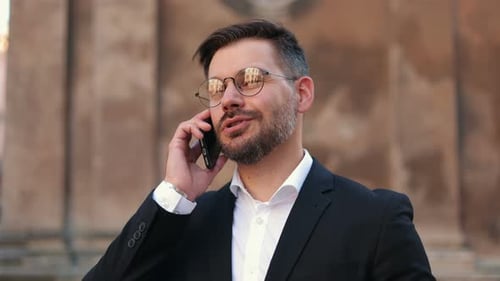 Handsome Man Manager Speaking on Cellphone on Street Outdoors Cheerful Caucasian Businessman Wearing