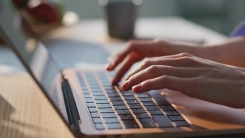 Closeup Woman Typing Keyboard Laptop at Office Businesswoman Focusing on Work