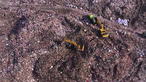 Aerial View of Landfill with Excavators and Truck