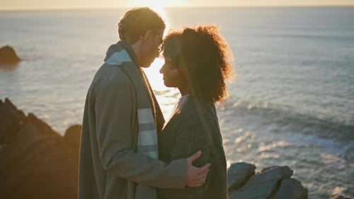 Multiracial Lovers Hugging Together at Evening Sea Closeup Enamoured Couple