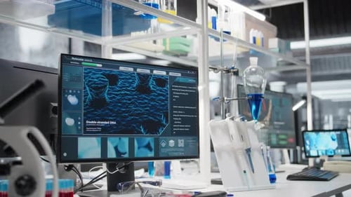 Science Lab with DNA Analysis on Computer Screen